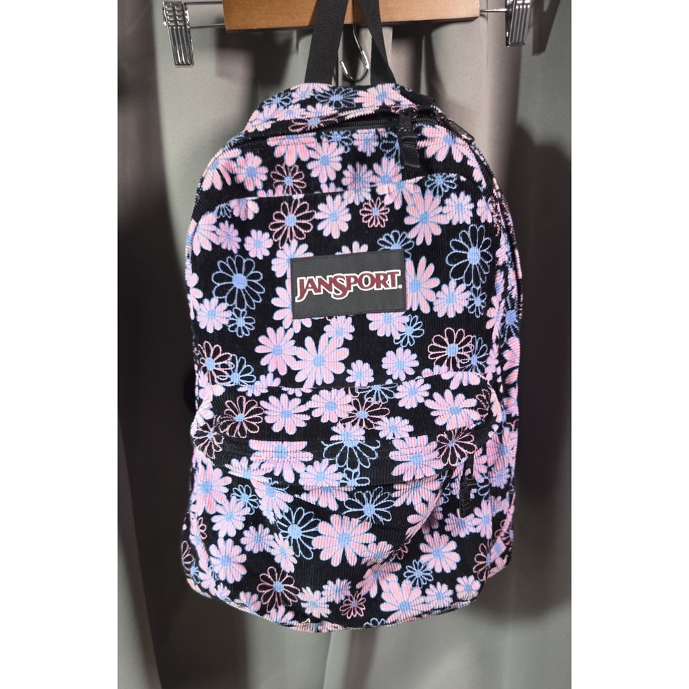 Vtg Jansport Corduroy Floral Daisy Print Black Pink School Book Bag Backpack